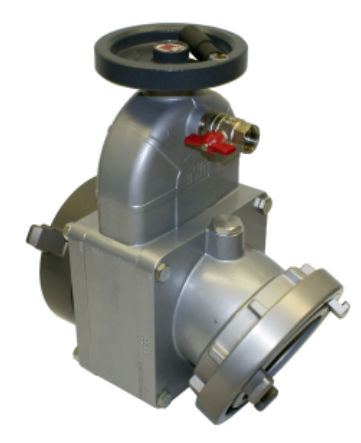 25 Degree Elbow 6" Gate Valve / 6" NH Female Swivel Rocker Lug x 5" Storz