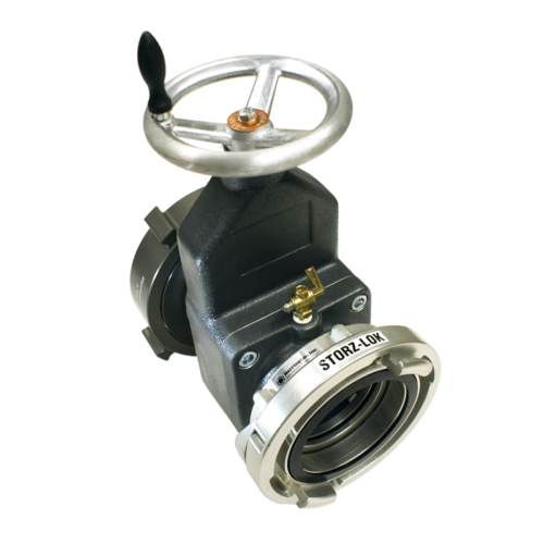 4" Straight Gate Valves 4.5" NH female swivel rocker lug inlet / 5" Storz lock outlet