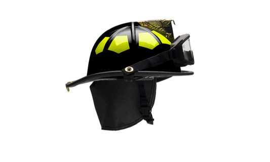 Bullard Black Lightweight Helmet. Lime-Yellow Scotchlite, Leather Brow Side Mount ESS Inner Zone Goggles