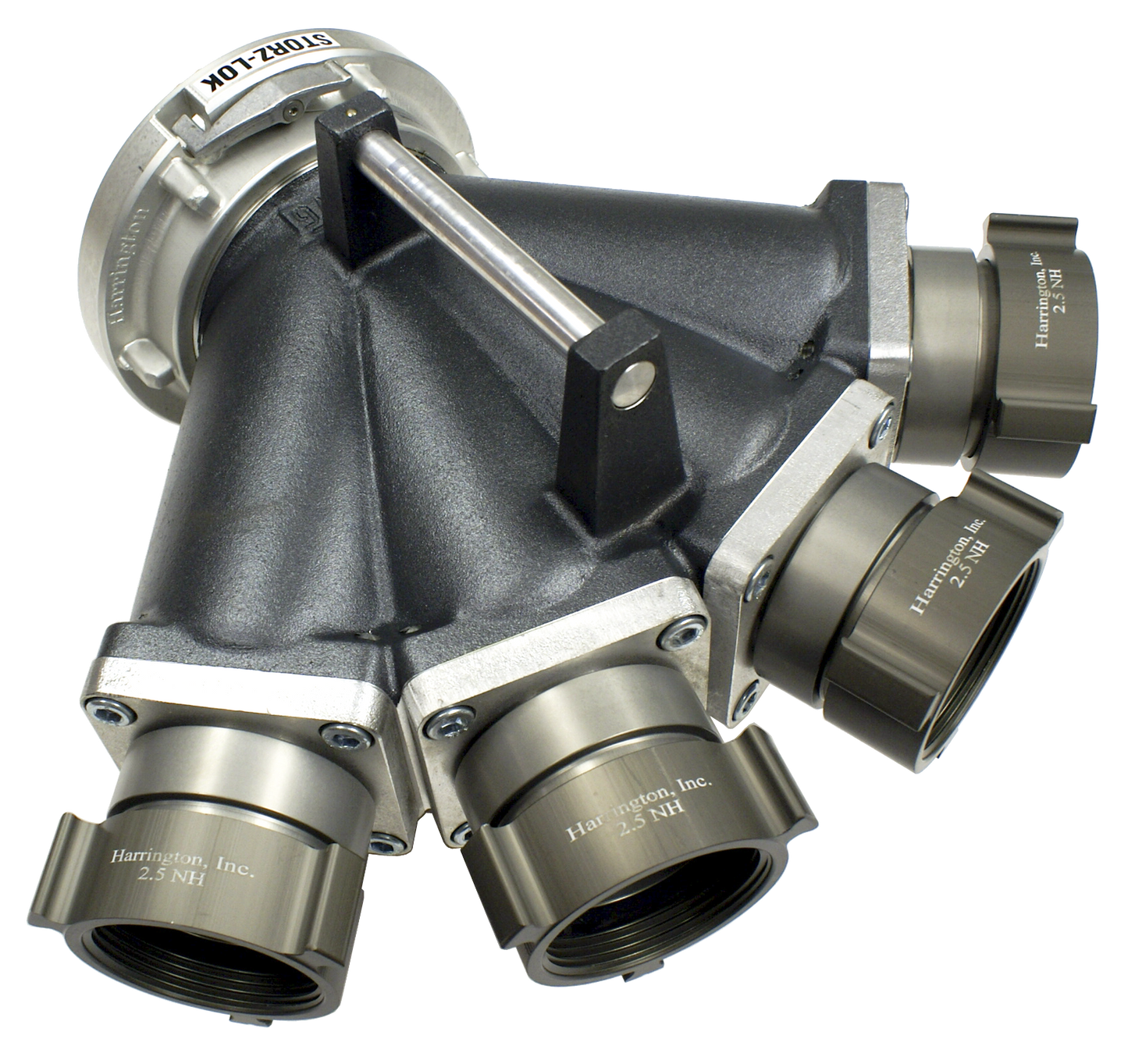 4-Way Siamese Clappered Valve (4) 2.5" NY Corp F Swivel RL Inlet / 5" Storz Lock Outlet