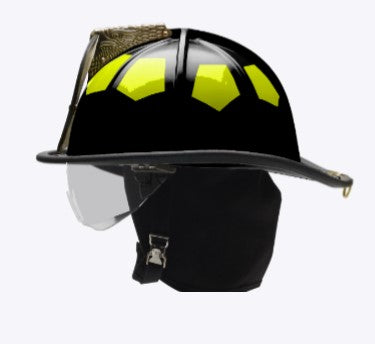 Fire Helmet, Structural, Lightweight UST, Black, Fiberglass, Retractable Face Shield R350, 6" Brass Eagle Leather Brow, Leather Ratchet