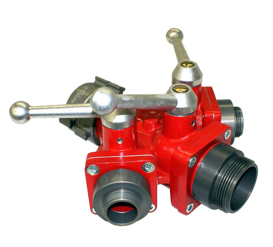Small 3-Way Ball Valve (Water Thief) 2.5" NH F SW RL Inlet / (3) 2.5" NH Male Outlets