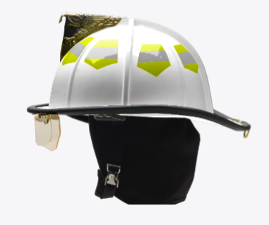 Bullard White Lightweight Helmet. Scotchlite Lime Triple Trim, Leather Brow and Ratchet w/NFPA Bourkes