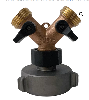 2.5� NH-female with 2 each garden hose males with shutoffs, aluminum reducer with brass shut offs